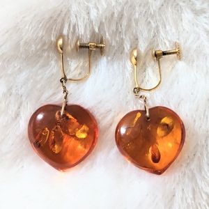 Vintage Amber Heart Screw back Earrings